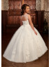 Beaded Ivory Lace Tulle Flower Girl Dress With Detachable Sleeves